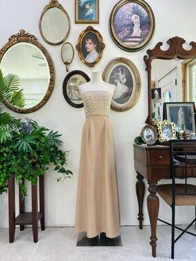Strapless Beaded Bodice Maxi Dress in Beige